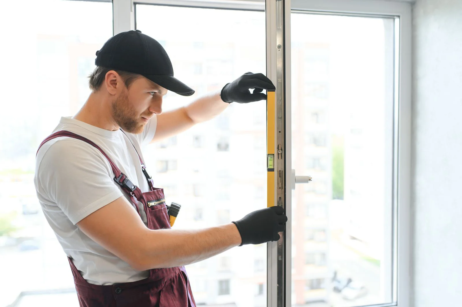 Technician using level tool to check window frame alignment, geometry correction repair work