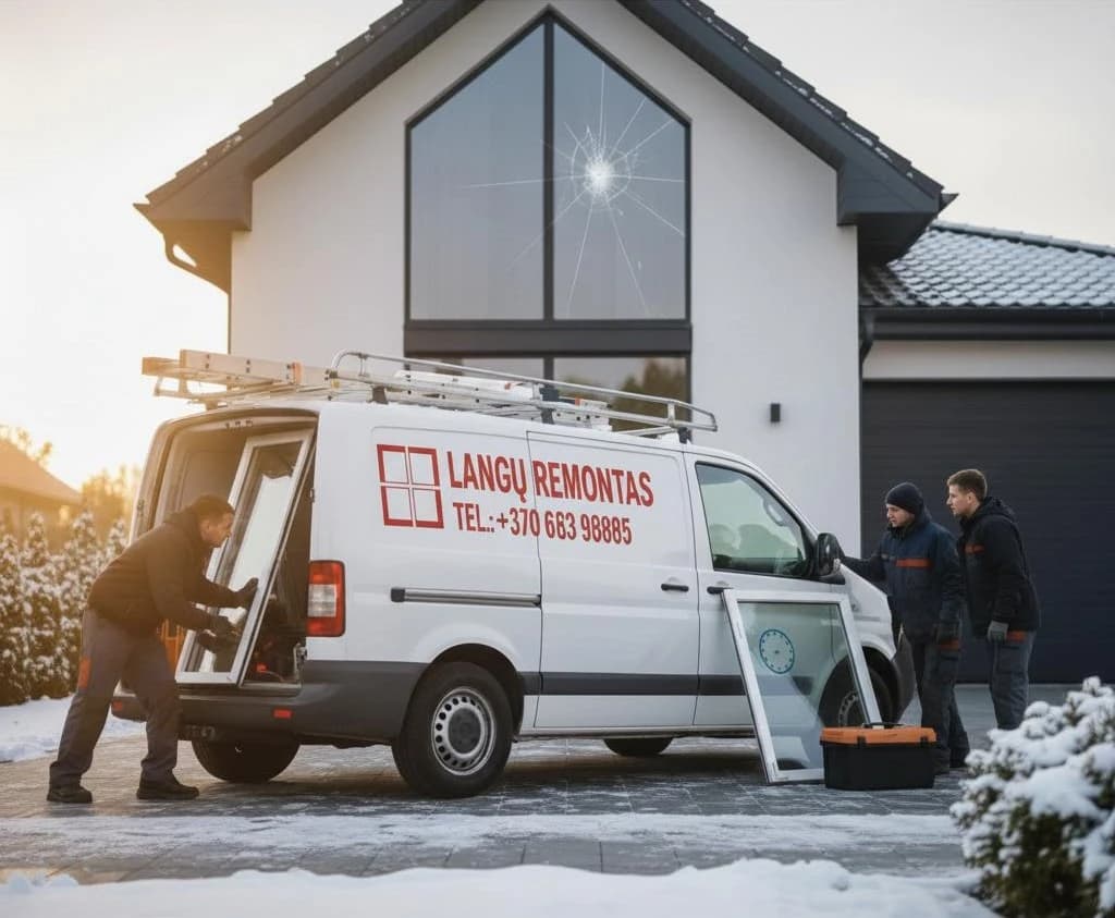 Emergency service van with tools, technician responding to urgent window door repair call