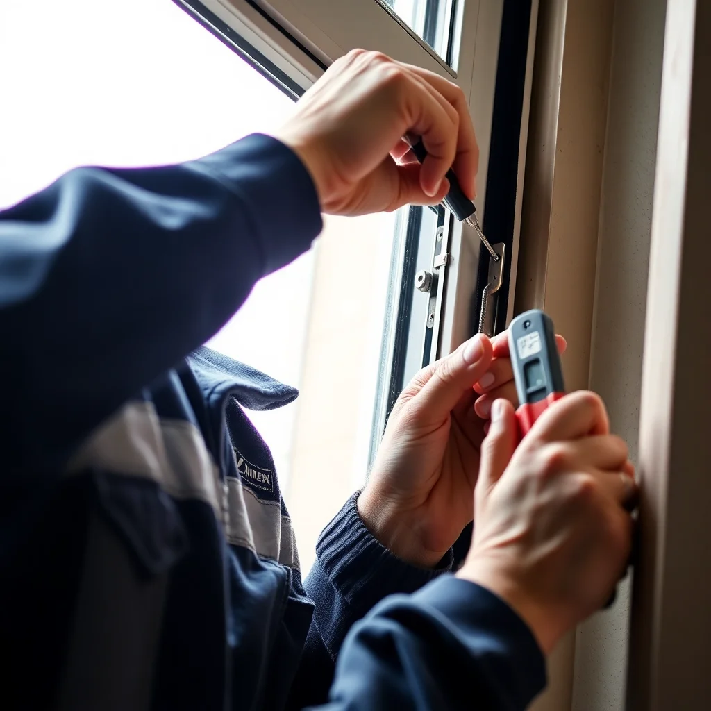 Professional technician adjusting window hinges with tools, close-up repair work