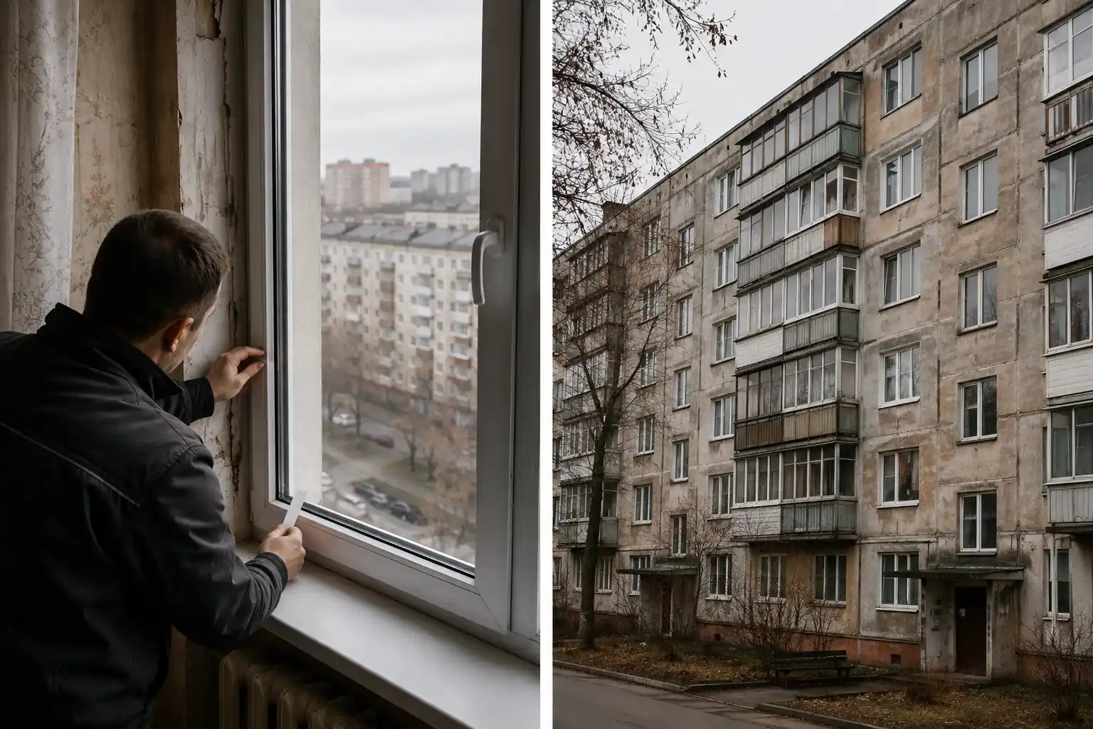 Майстер оглядає ущільнювачі вікна в старішому багатоквартирному будинку Каунаса