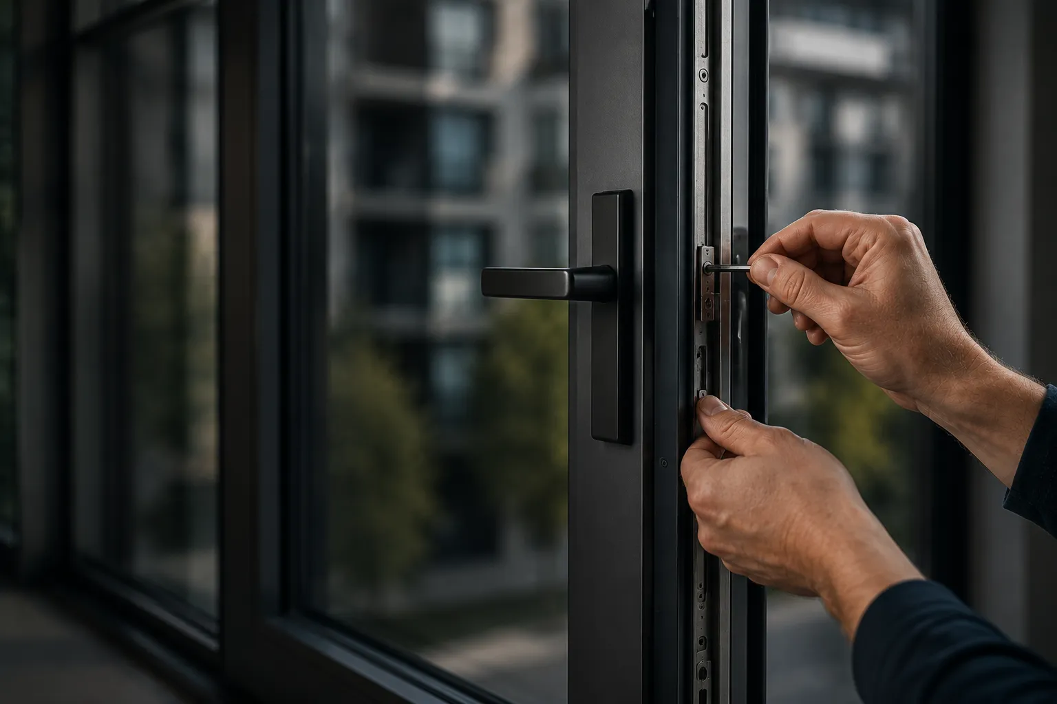 Professional technician repairing and adjusting aluminium windows