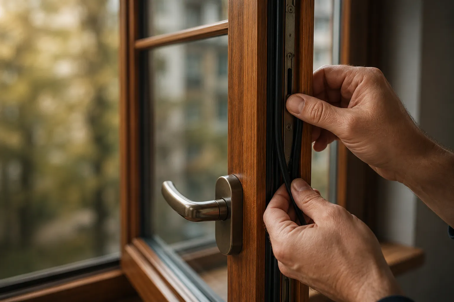 Professional technician repairing and sealing wood windows